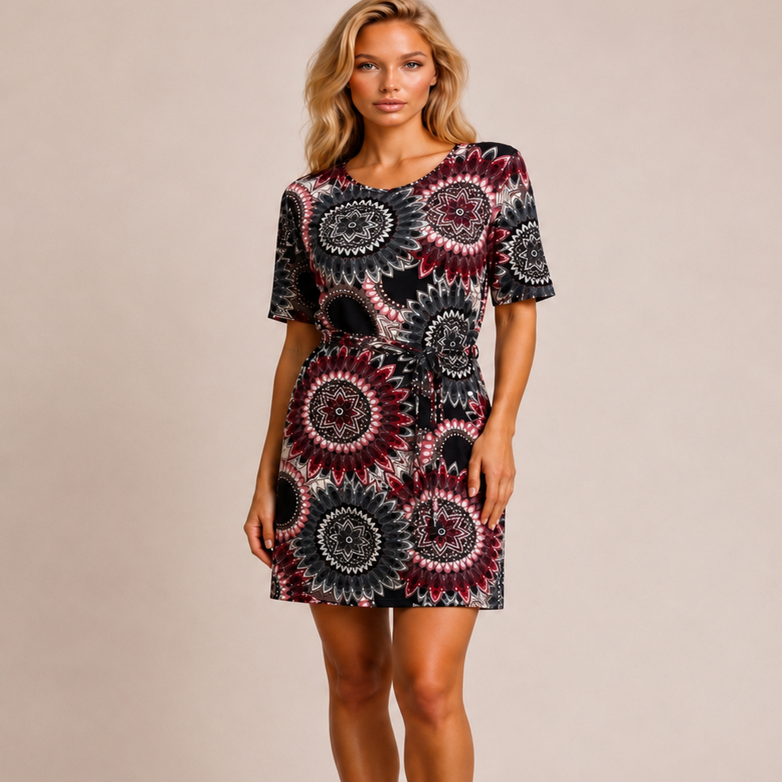 Bordowa Sukienka Boho z Wiązaniem | Rozmiary 36–50