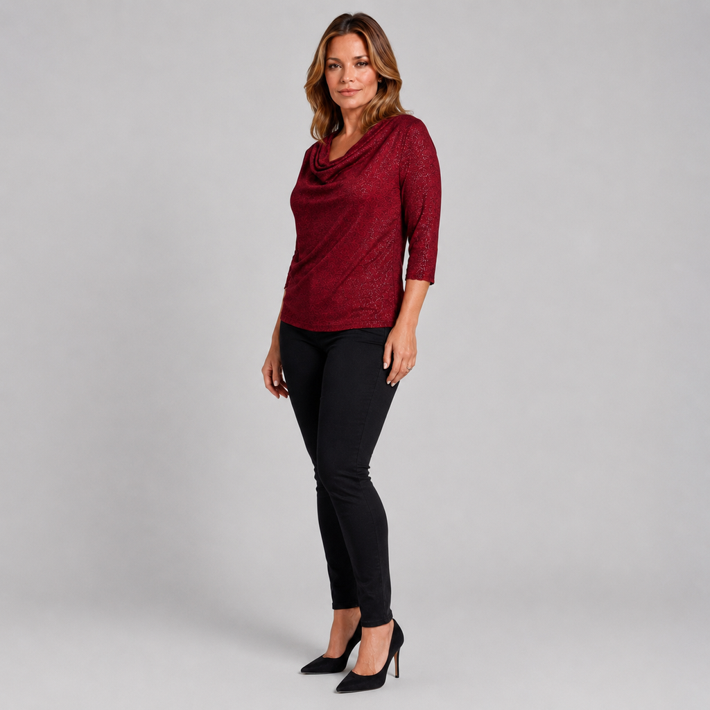 Elegancka bordowa bluzka damska z dekoltem woda – Plus Size 38-48 (M-4XL)