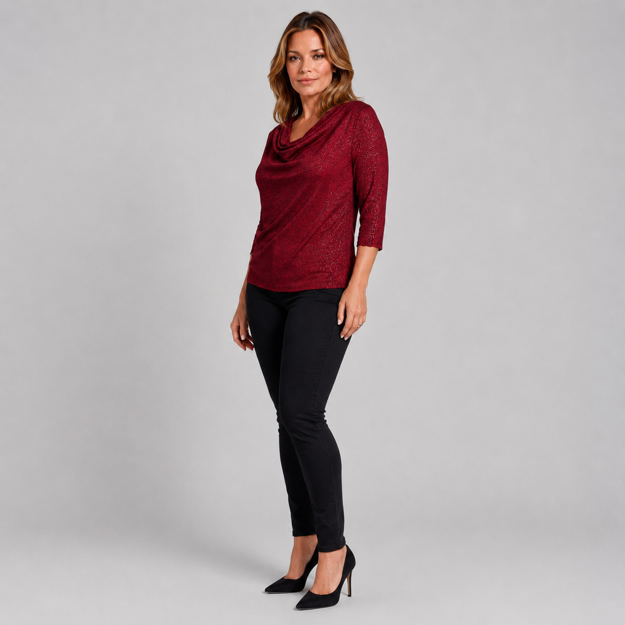 Elegancka bordowa bluzka damska z dekoltem woda – Plus Size 38-48 (M-4XL)