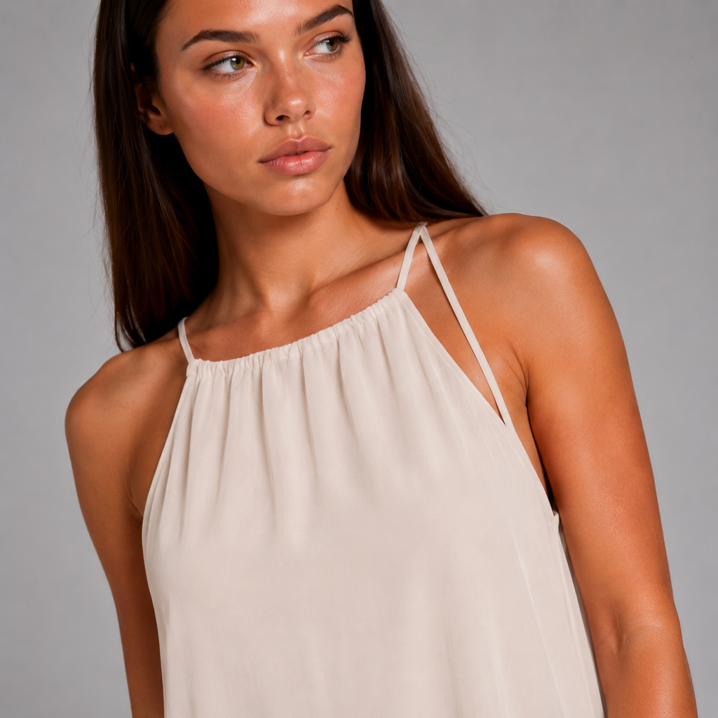 Beżowa Sukienka Szyfonowa Halter Premium – Wiązana na Ramionach UNI-S/M/L