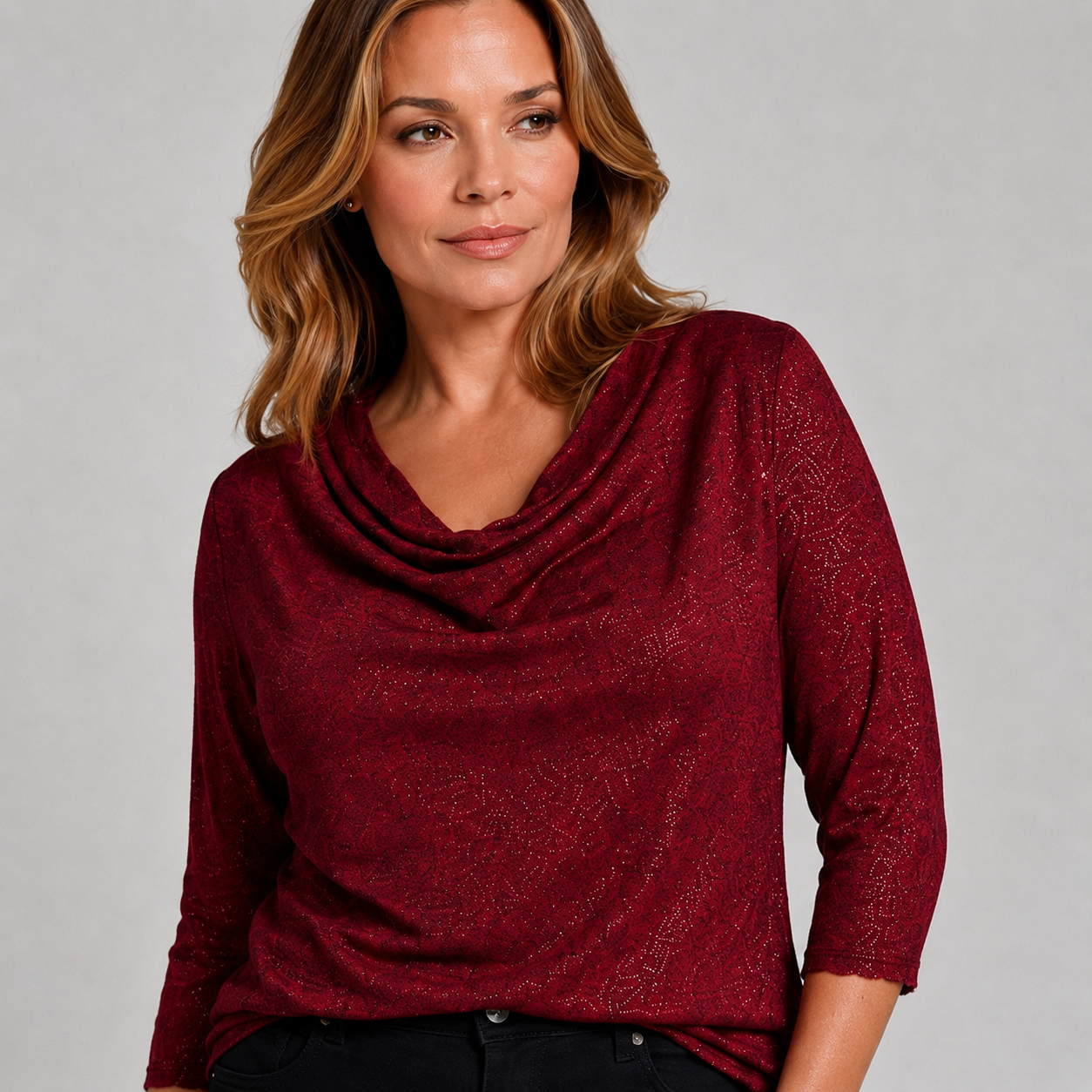 Elegancka bordowa bluzka damska z dekoltem woda – Plus Size 38-48 (M-4XL)