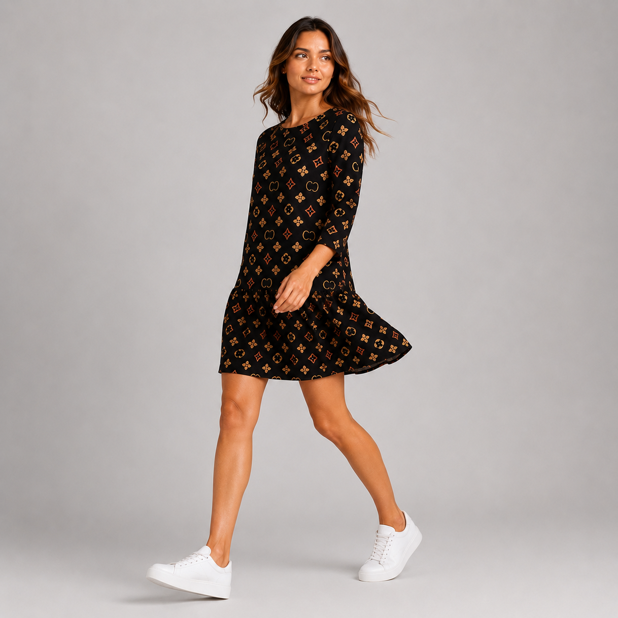 Sukienka Damska Premium Casual z Falbaną – Czarna Wzorzysta Sukienka | 38-46
