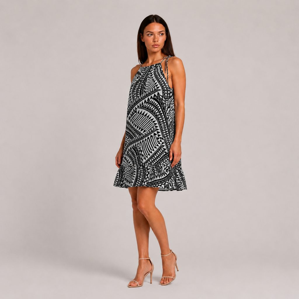 Biała geometryczna Sukienka Szyfonowa Boho Resort Premium Wiązana na Ramionach – Dekolt Halter S/M/L