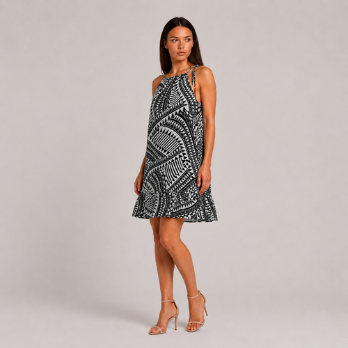 Biała geometryczna Sukienka Szyfonowa Boho Resort Premium Wiązana na Ramionach – Dekolt Halter S/M/L