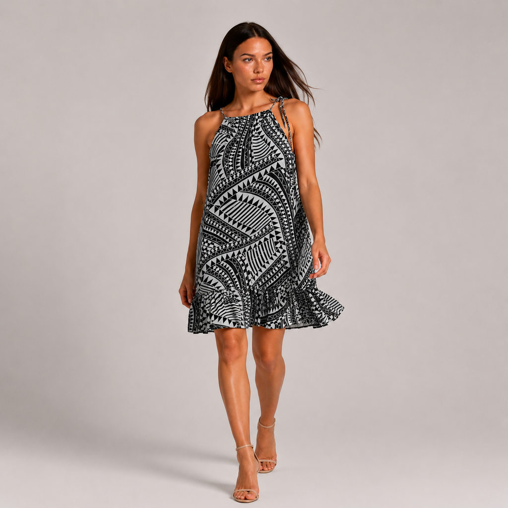 Biała geometryczna Sukienka Szyfonowa Boho Resort Premium Wiązana na Ramionach – Dekolt Halter S/M/L