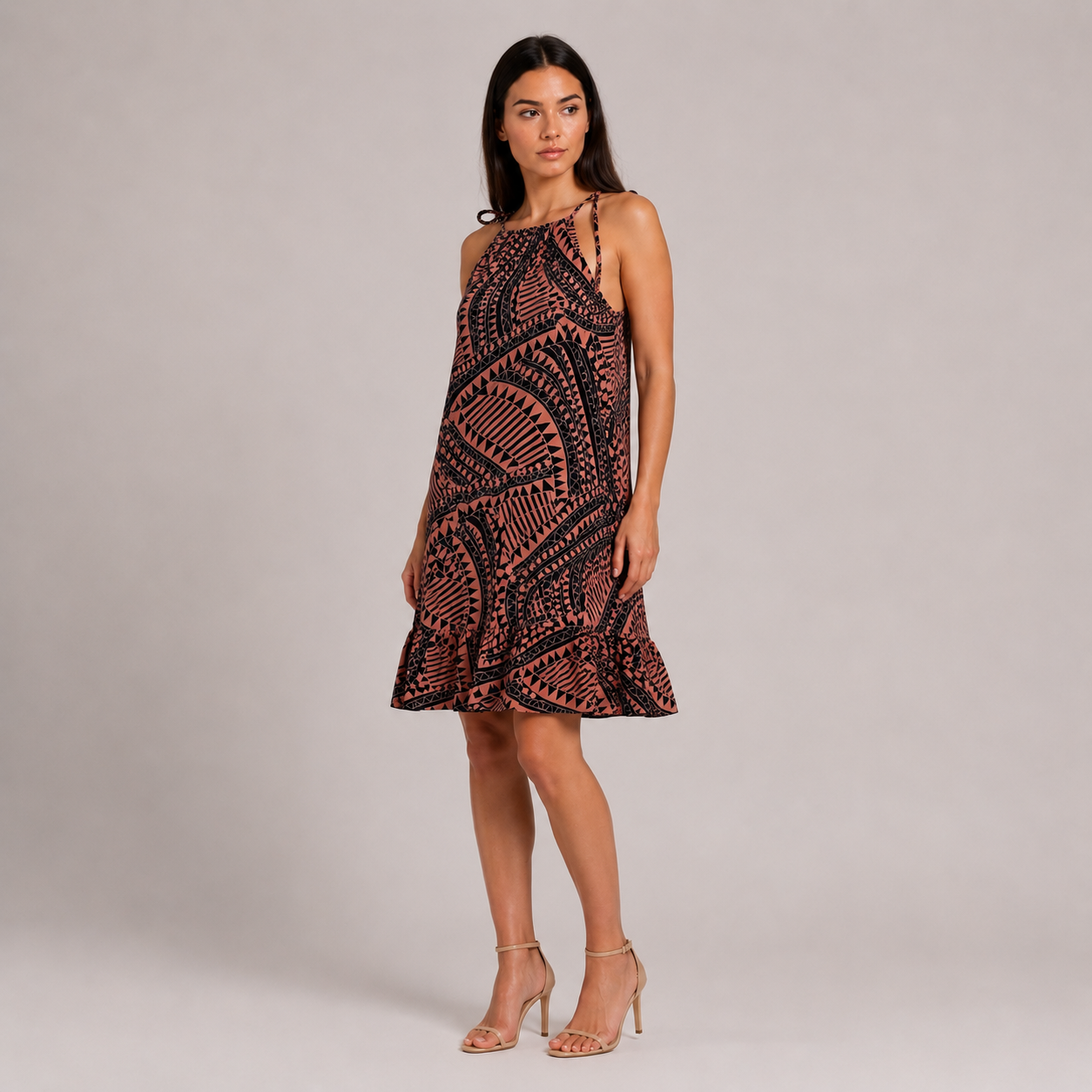 Koralowa Sukienka Szyfonowa Boho Resort Premium Wiązana na Ramionach – Dekolt Halter S/M/L