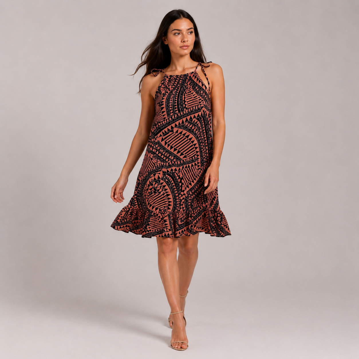Koralowa Sukienka Szyfonowa Boho Resort Premium Wiązana na Ramionach – Dekolt Halter S/M/L