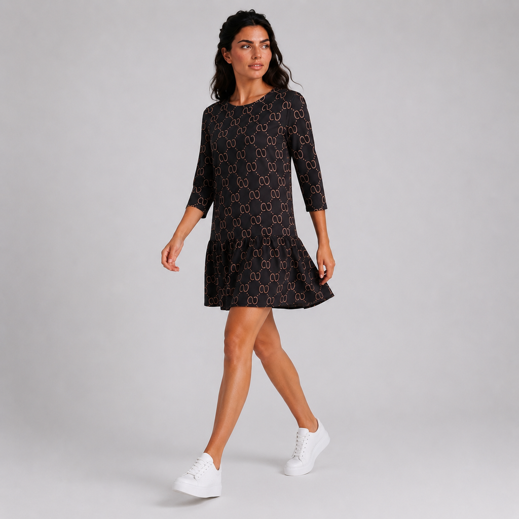 Sukienka Damska Premium Casual z Falbaną – Czarna Wzorzysta  SS Sukienka | 38-46