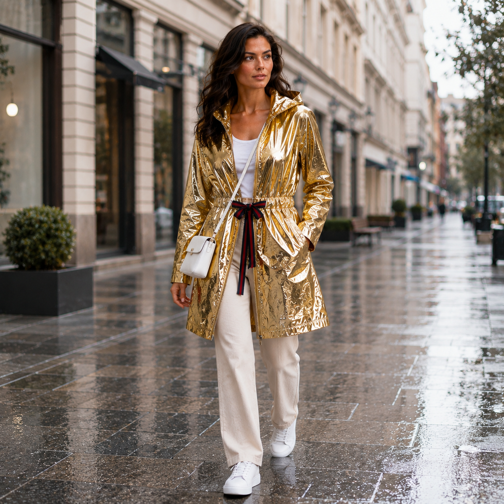 Złota Kurtka Przeciwdeszczowa Damska Premium z Kapturem – Lekka Kurtka Gold Rain Collection UNI-S/M/L