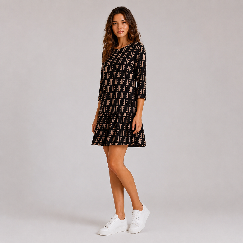 Sukienka Damska Premium Casual z Falbaną – Czarna Wzorzysta FF Sukienka | 38-46
