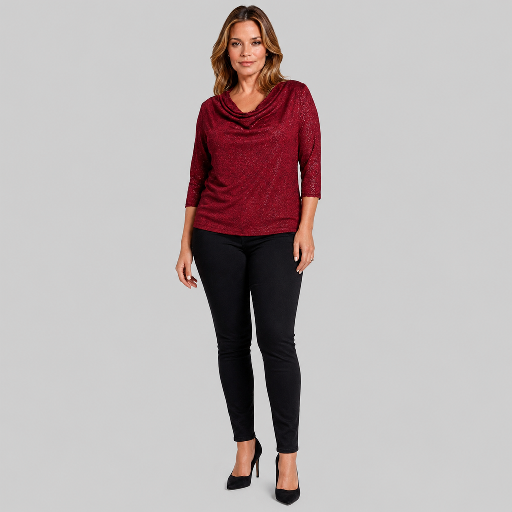 Elegancka bordowa bluzka damska z dekoltem woda – Plus Size 38-48 (M-4XL)
