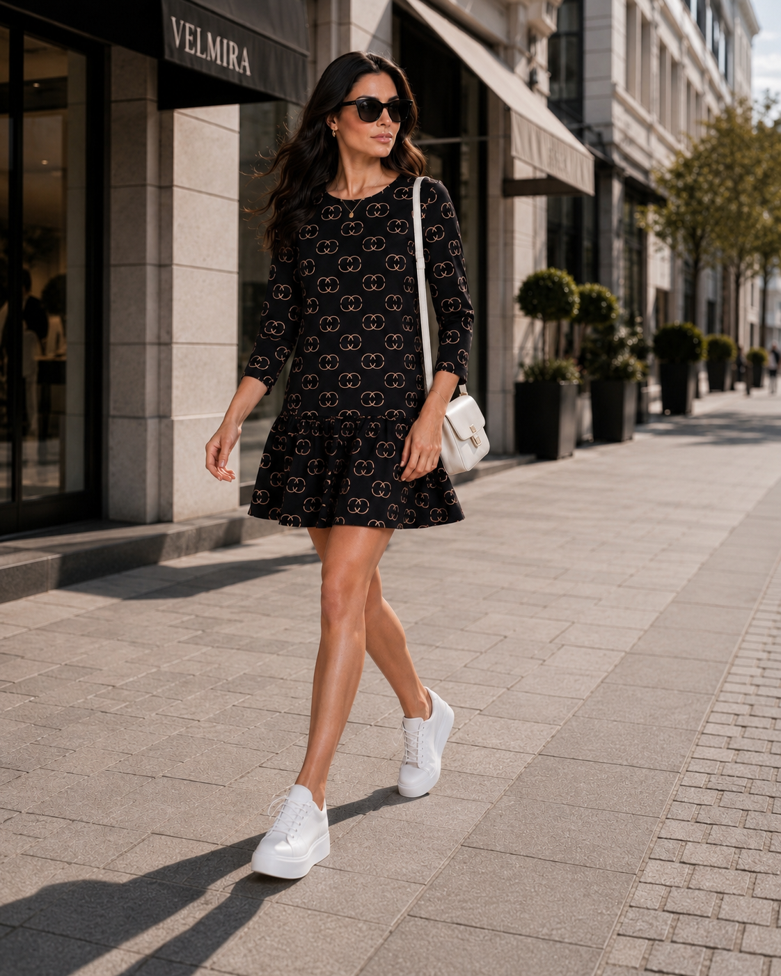 Sukienka Damska Premium Casual z Falbaną – Czarna Wzorzysta  CC Sukienka | 38-46