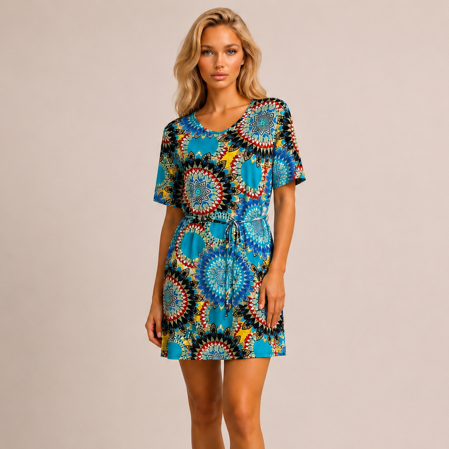 Turkusowa Sukienka Boho z Wiązaniem | Rozmiary 36–50
