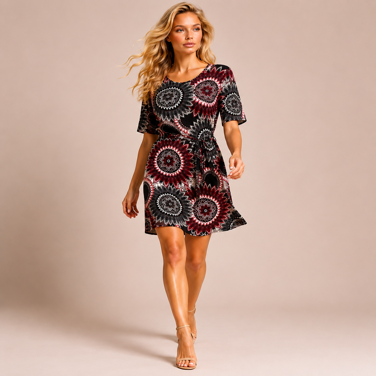 Bordowa Sukienka Boho z Wiązaniem | Rozmiary 36–50