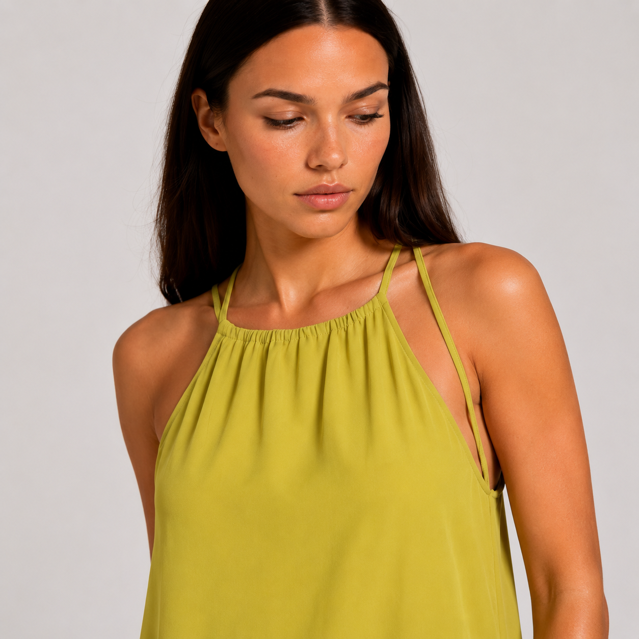 Limonkowa Sukienka Szyfonowa Halter Premium – Wiązana na Ramionach UNI-S/M/L