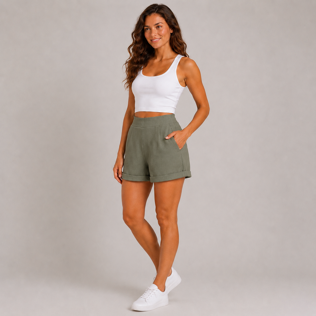 Khaki Spodenki Damskie Premium | Wysoki Stan | Kieszenie | UNI S-M-L