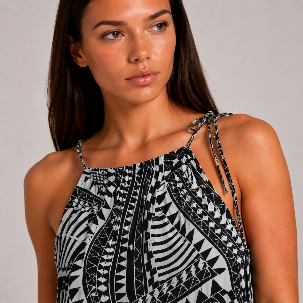 Biała geometryczna Sukienka Szyfonowa Boho Resort Premium Wiązana na Ramionach – Dekolt Halter S/M/L