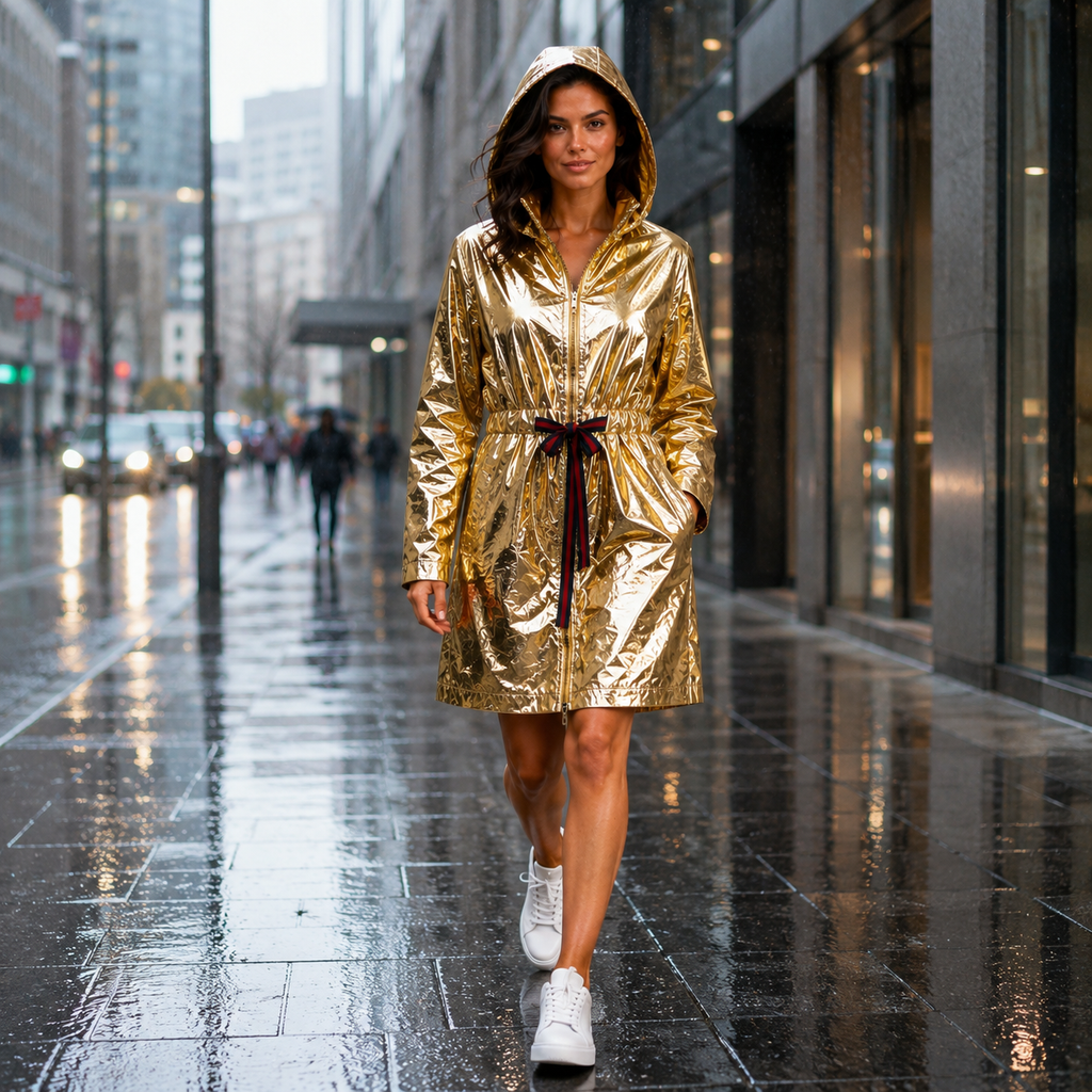 Złota Kurtka Przeciwdeszczowa Damska Premium z Kapturem – Lekka Kurtka Gold Rain Collection UNI-S/M/L