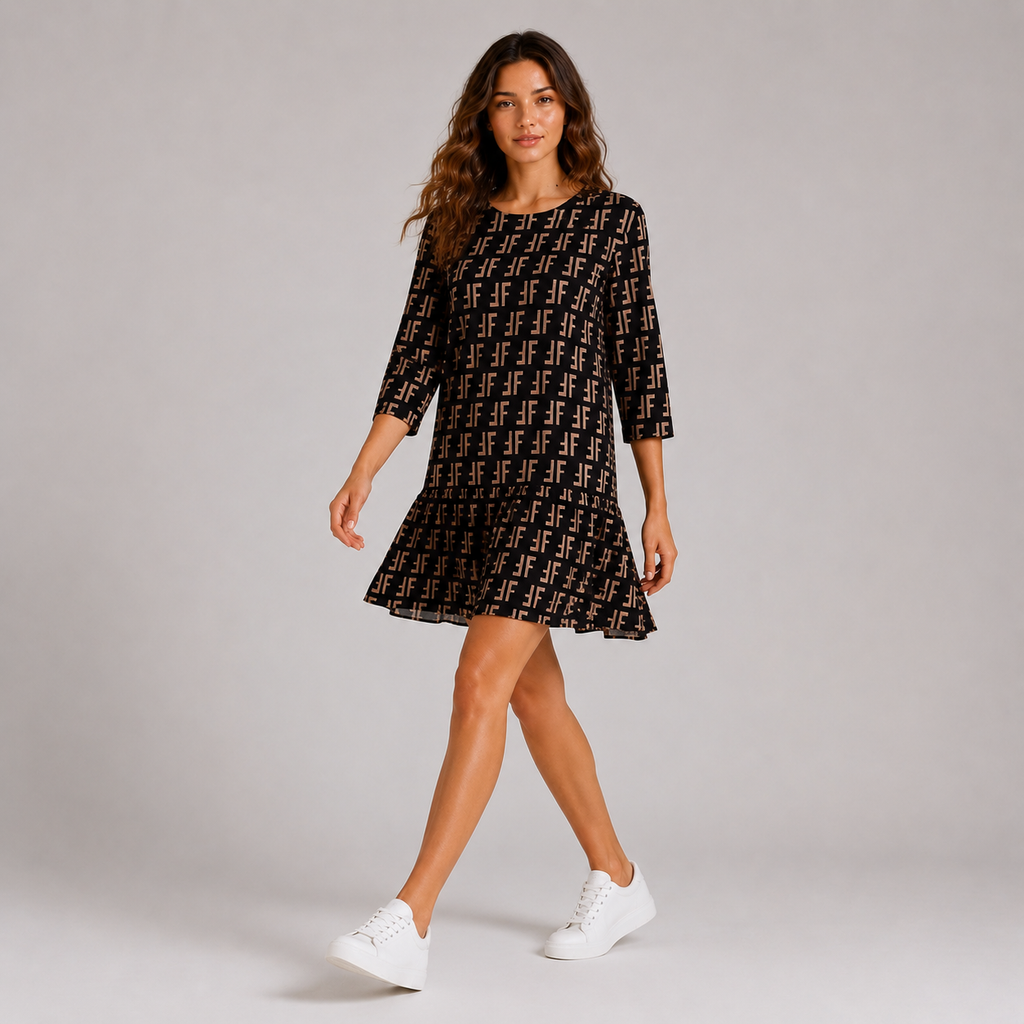 Sukienka Damska Premium Casual z Falbaną – Czarna Wzorzysta FF Sukienka | 38-46