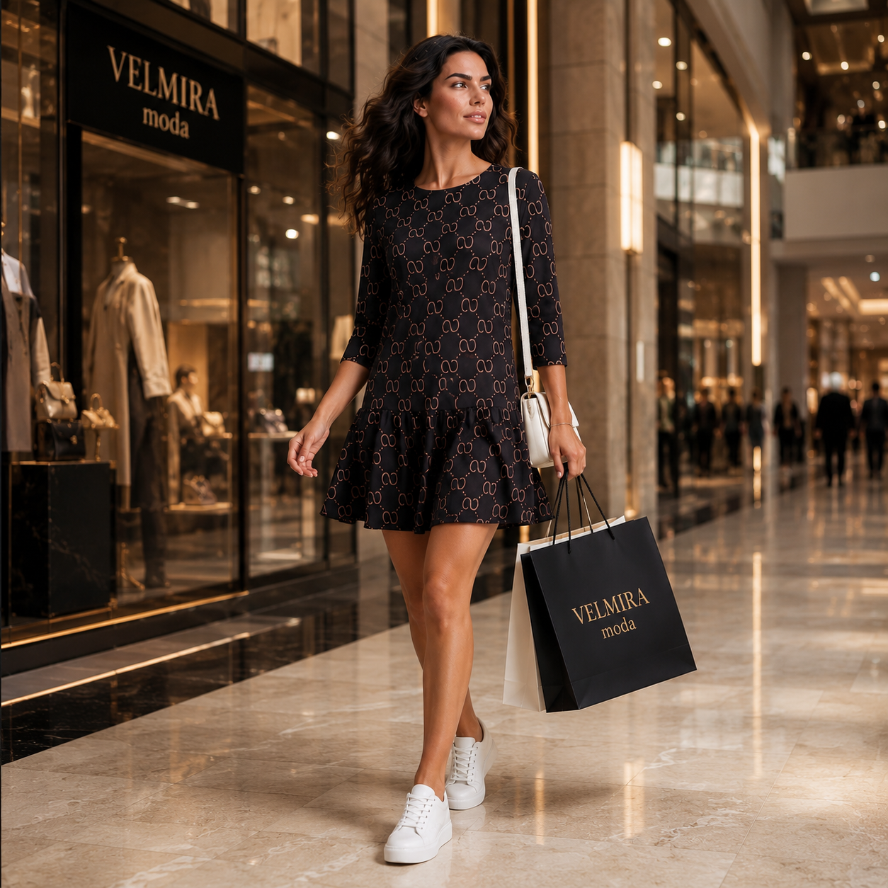Sukienka Damska Premium Casual z Falbaną – Czarna Wzorzysta  SS Sukienka | 38-46