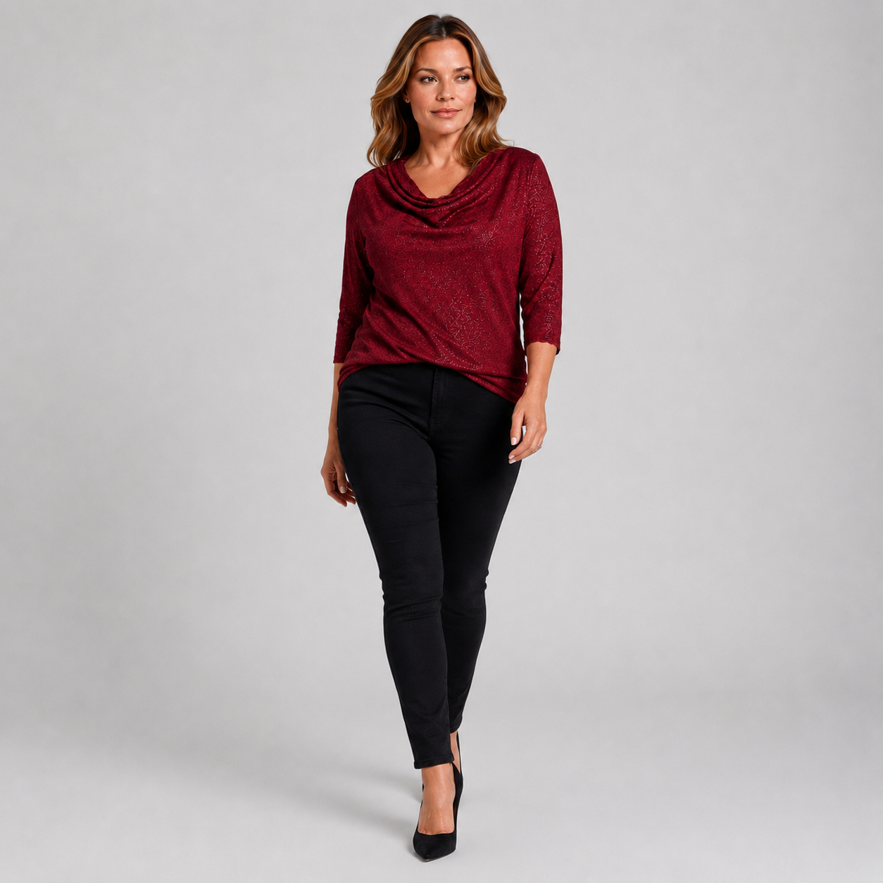 Elegancka bordowa bluzka damska z dekoltem woda – Plus Size 38-48 (M-4XL)