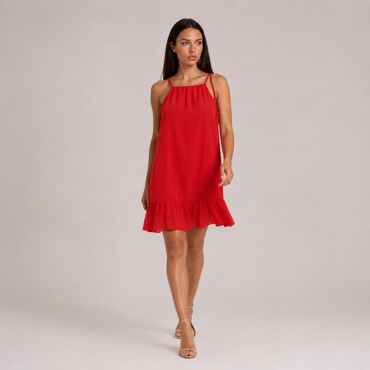 Czerwona Sukienka Szyfonowa Halter Premium – Wiązana na Ramionach UNI-S/M/L