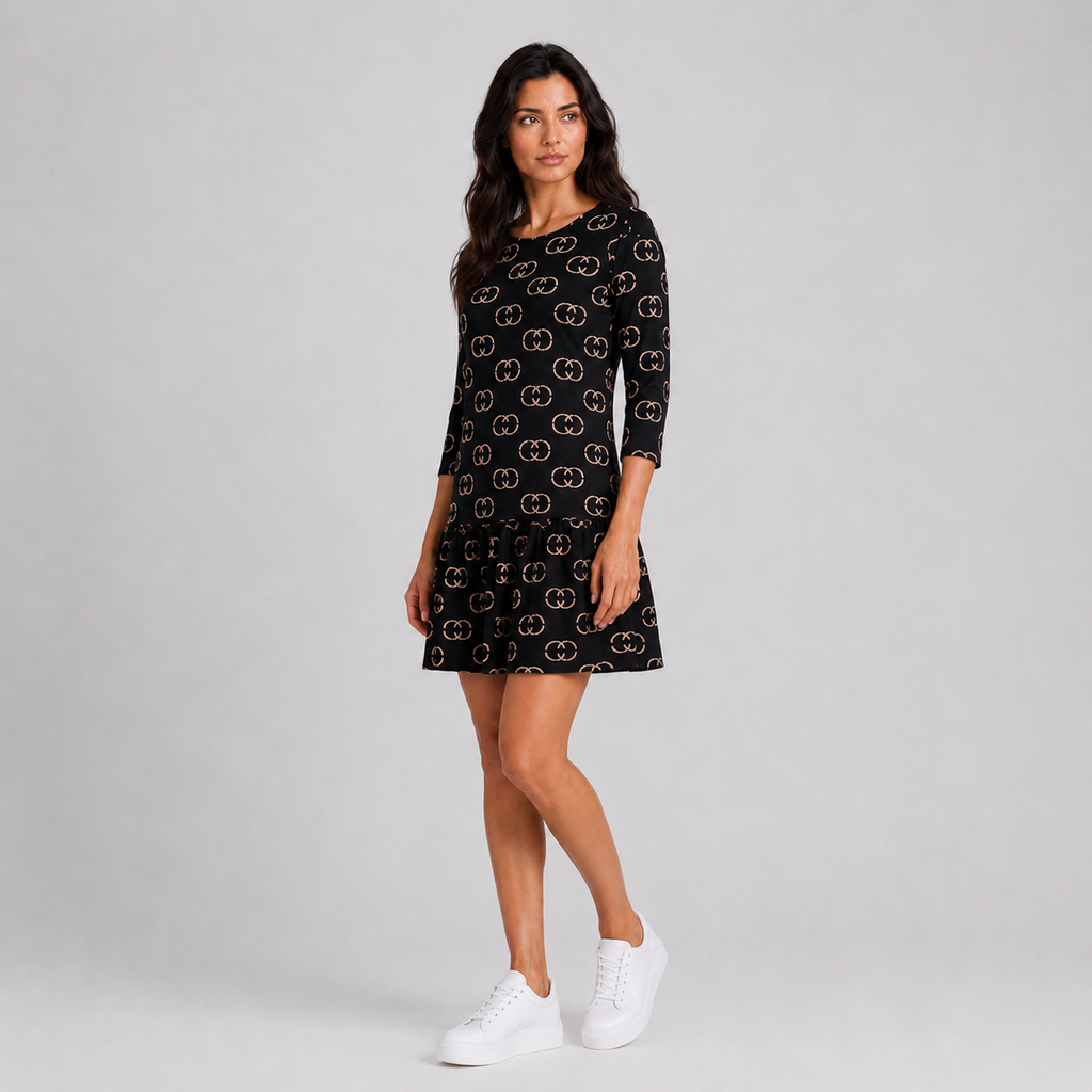 Sukienka Damska Premium Casual z Falbaną – Czarna Wzorzysta  CC Sukienka | 38-46
