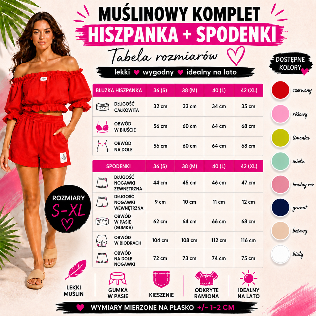 Muślinowy komplet damski z hiszpanką i spodenkami — 8 kolorów