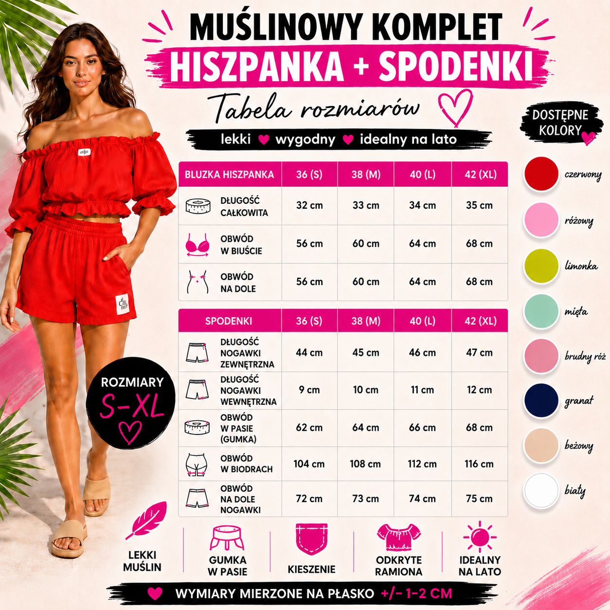 Muślinowy komplet damski z hiszpanką i spodenkami — 8 kolorów